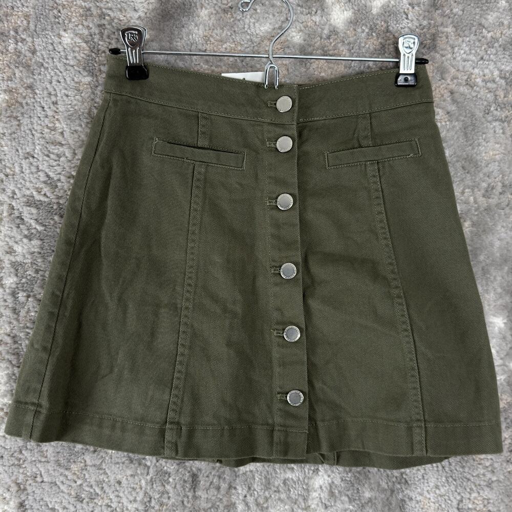 NEW H&M Size 2 Button Front Casual Mini A Line Skirt Olive Green Cotton NWT